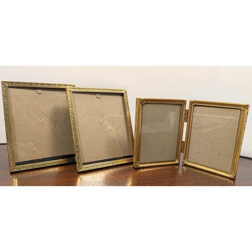 Vintage Gold Tone Picture Frame Lot 2 Singles + Double Hinged Frame Ornate Metal